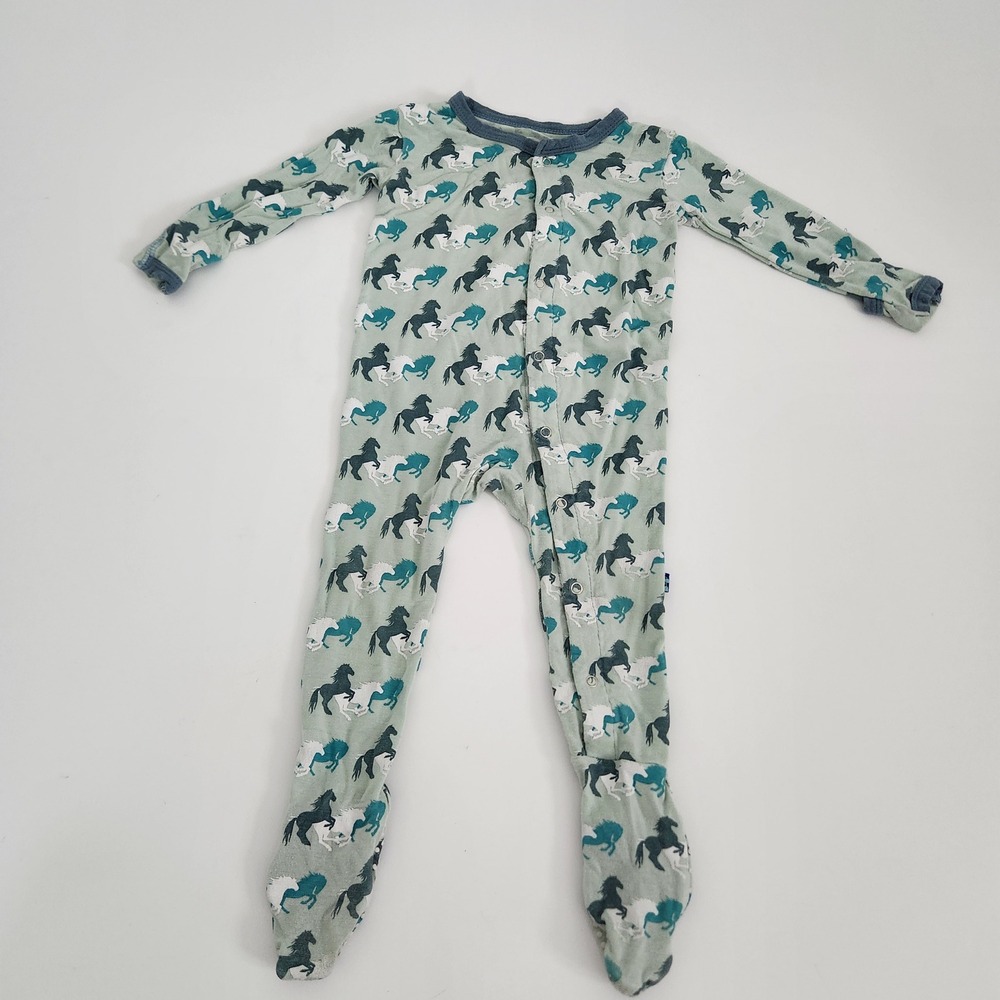 KicKee Pants Horse Print Bamboo Footed Pajamas Sage Green 6-12 Months